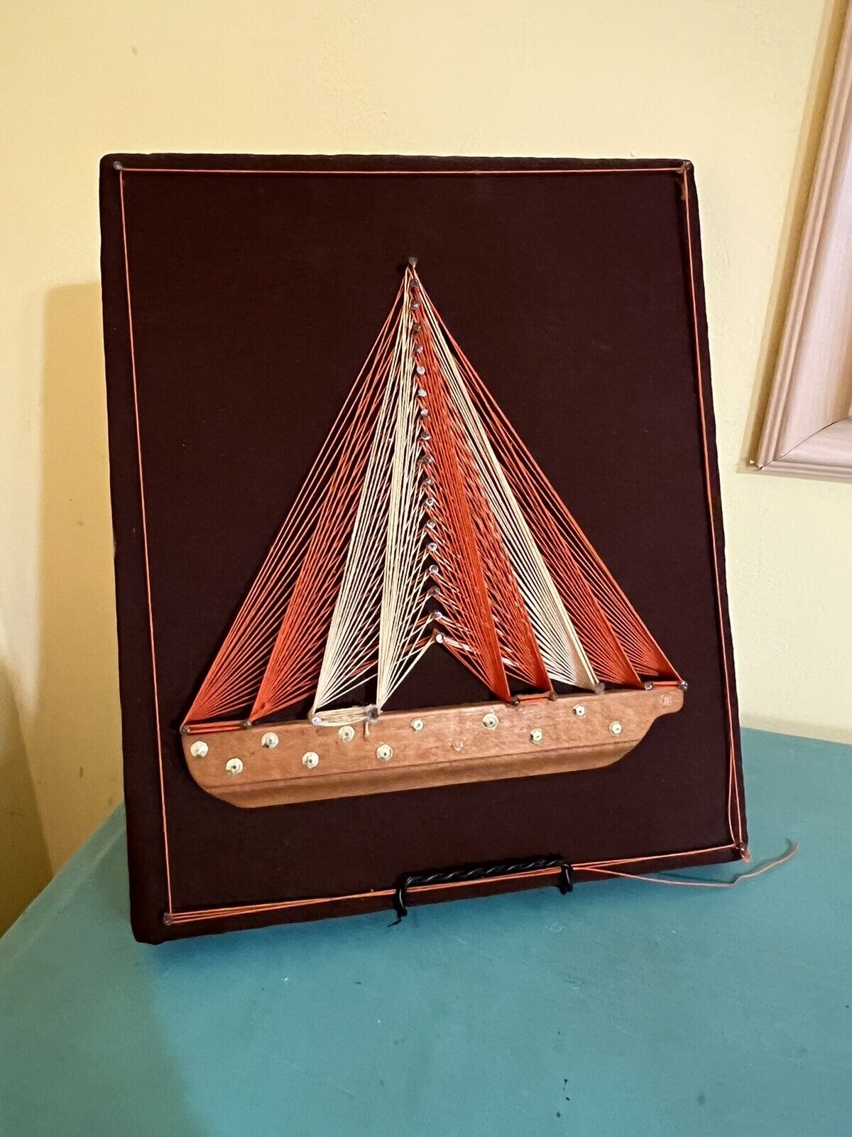 Vintage STRING ART sailboat 10 X 12” Brown Orange