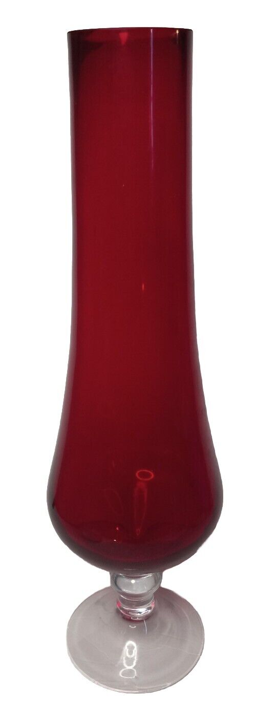 Vintage RUBY RED GLASS VASE on Pedestal with Swirl Design on Stem