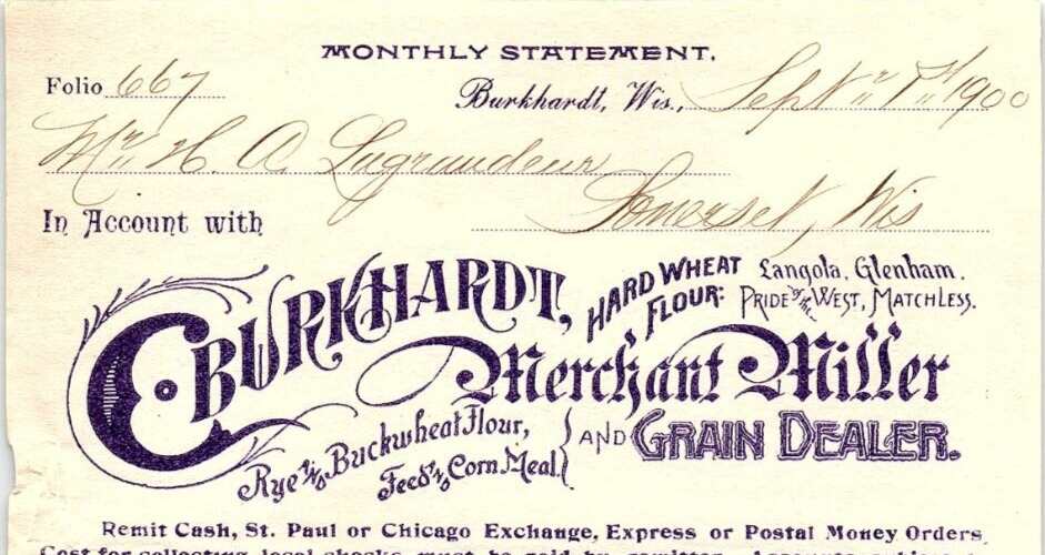 1900 BURKHARDT WISCONSIN C. BURKHARDT GRAIN DEALER BILLHEAD STATEMENT Z650