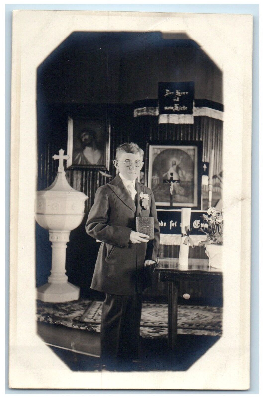 Boy With Bible On Chapel Christian Confirmation Religious RPPC Photo Postcard