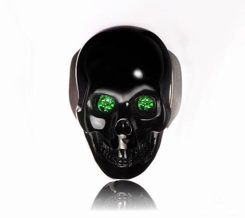 All Size, Black Onyx Carved Crystal Skull Ring with Green Garnet Eyes