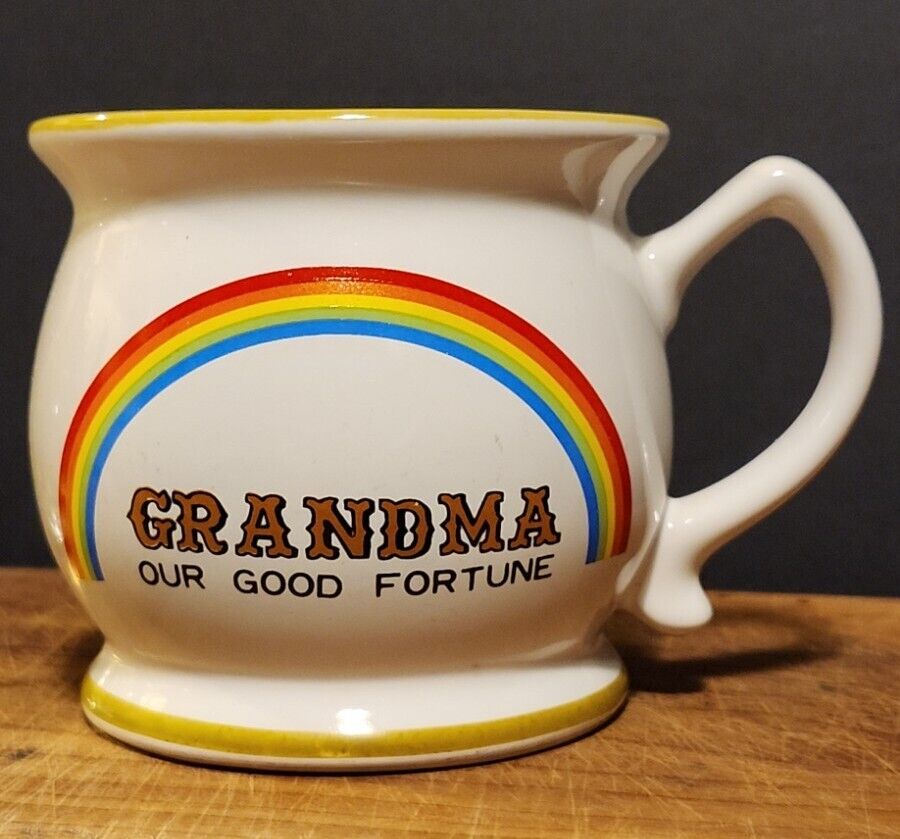 Vintage Rainbow GRANDMA 'Our Good Fortune' Pot Belly Coffee Mug Retro 
