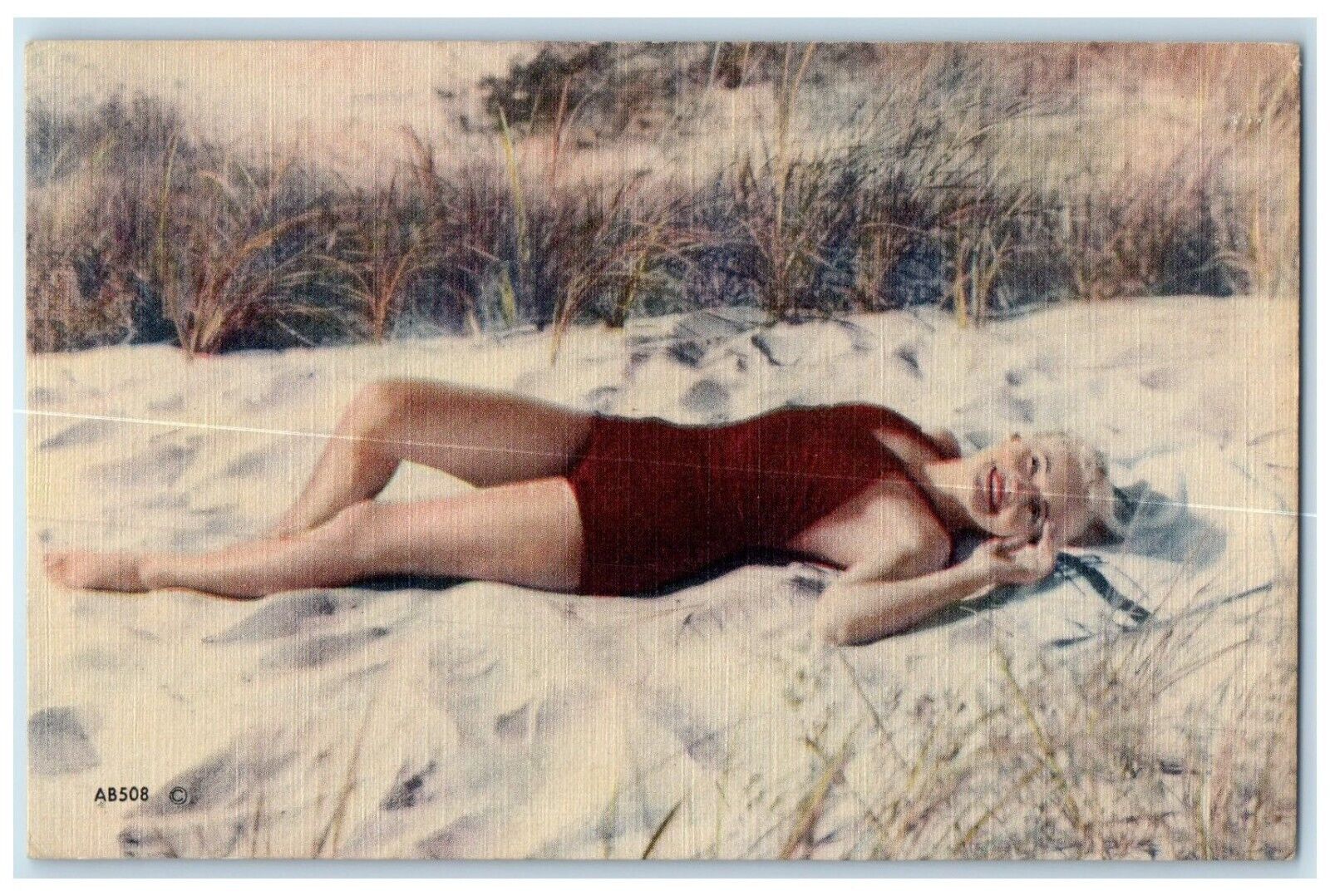 c1930\'s Beach Bathing Beauty Lying Down On Sand Unposted Vintage Postcard