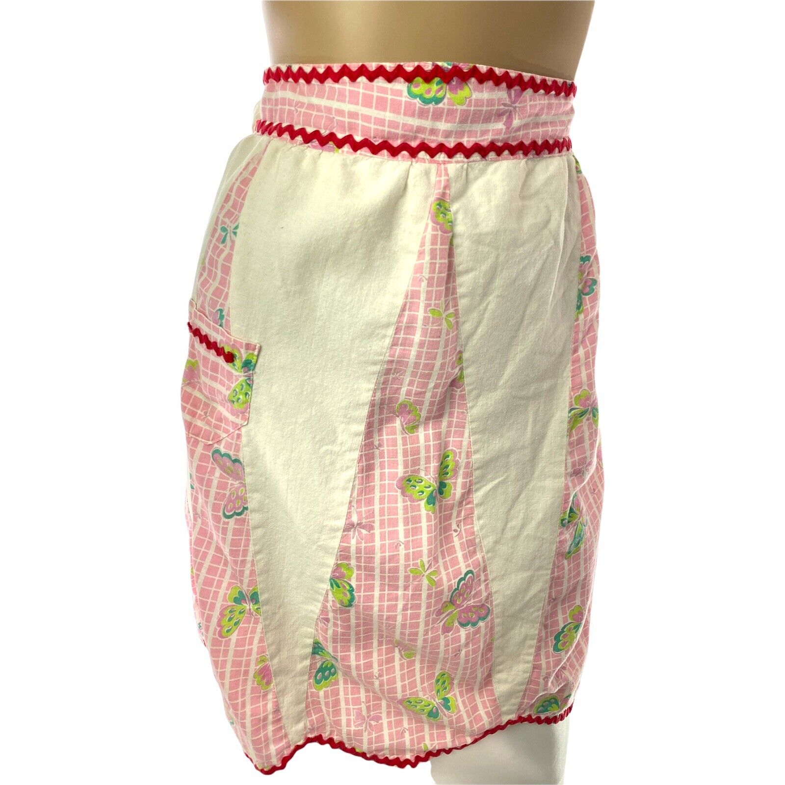 Vintage Cotton Apron Pink/Green/White Butterfly Pattern Red RickRack Trim