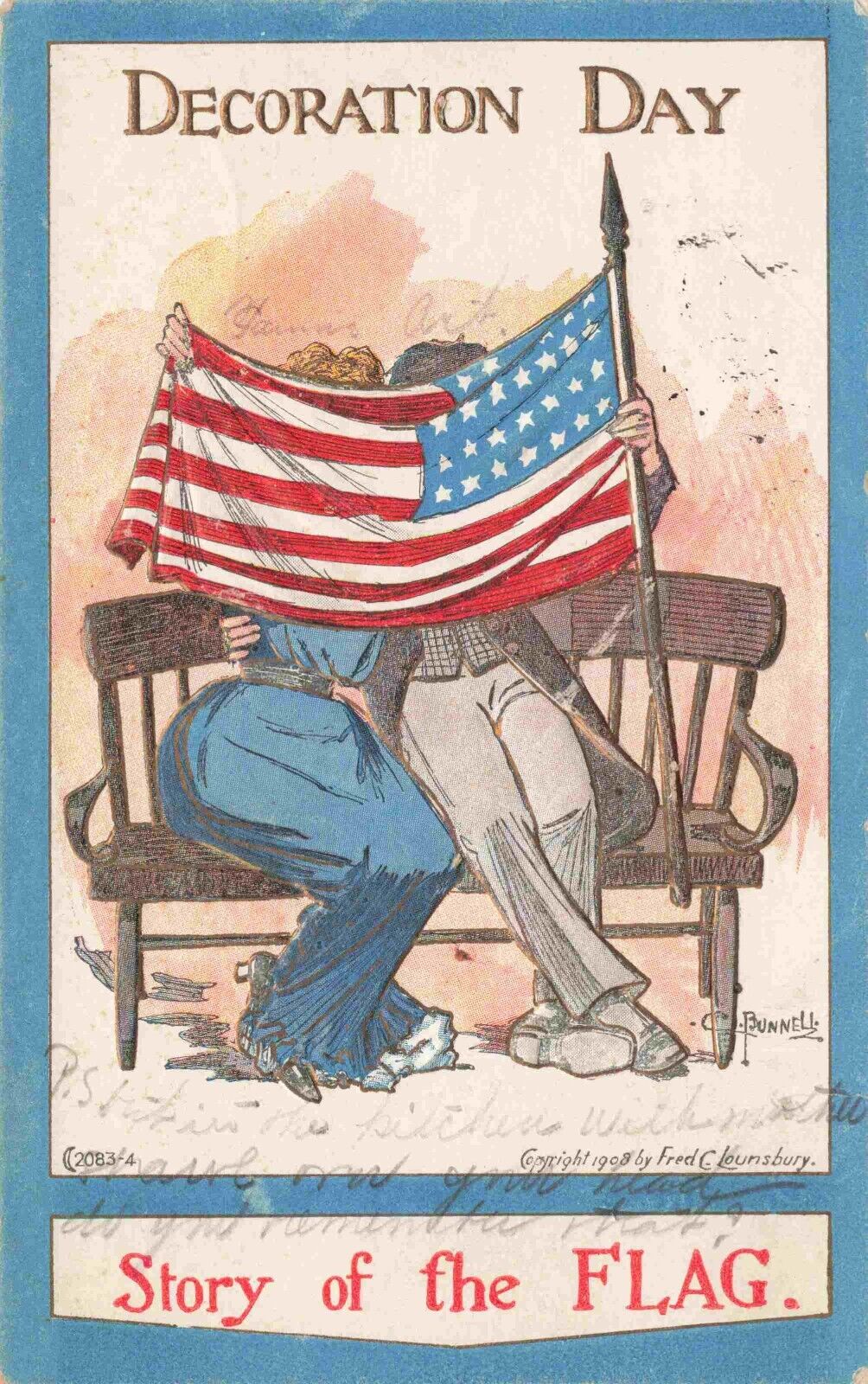 Patriotic Decoration Day #2083-4 Couple Kiss Behind Flag Artist Bunnell Postcard