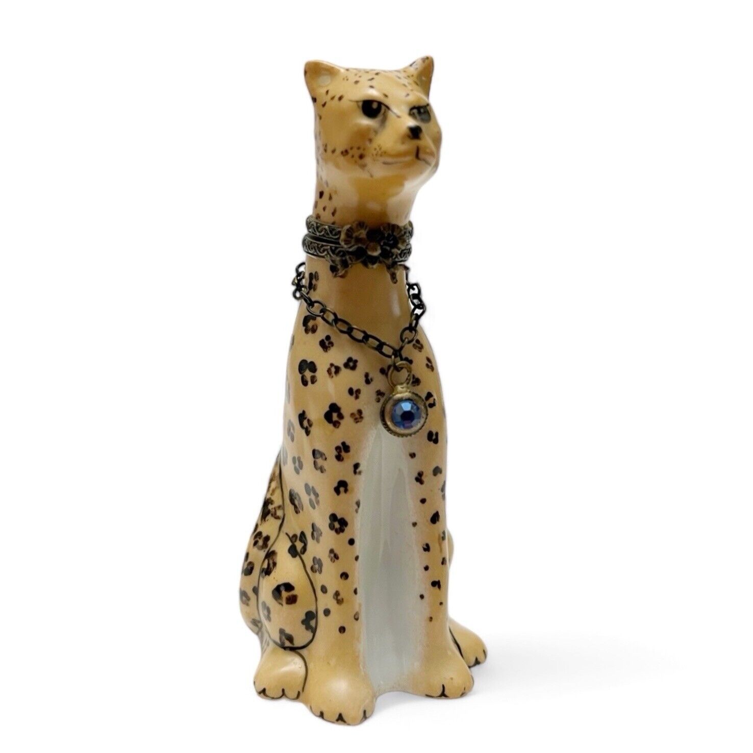 Limoges Peint Main Porcelain Cheetah Leopard Chain Bow Porcelain Trinket Box