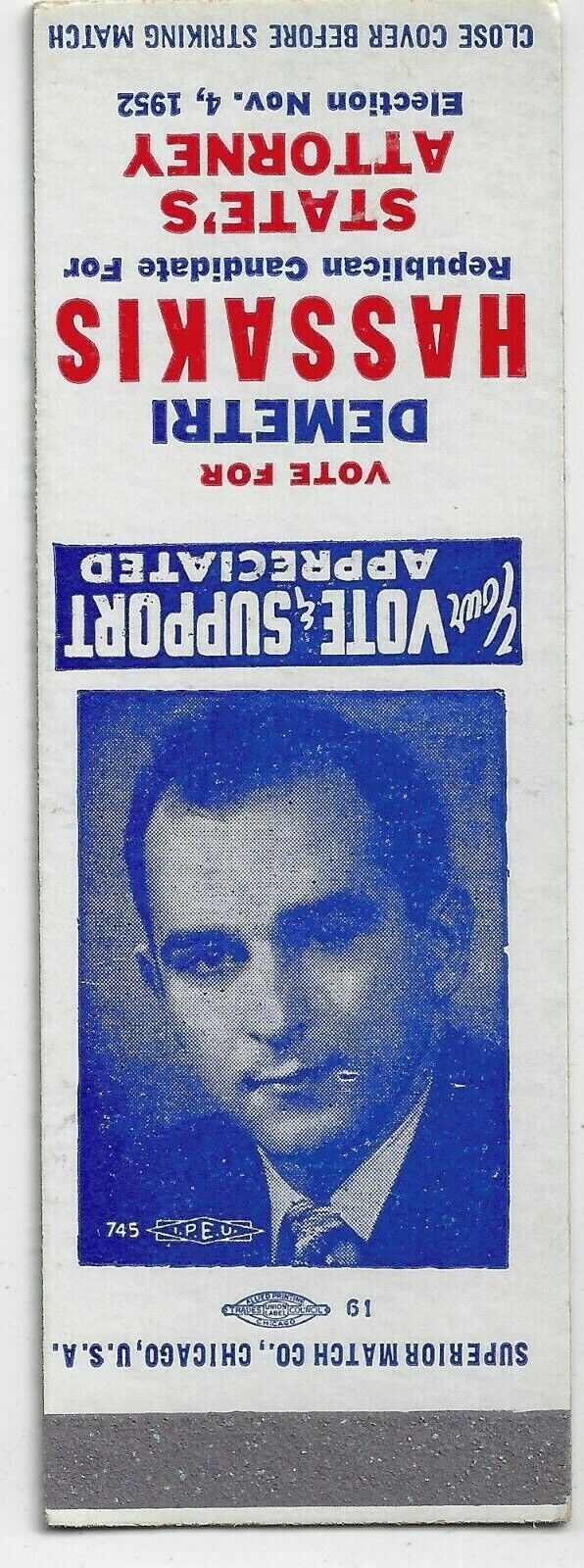 Proof  FS  Empty Matchbook Cover Pollical Hassakis Republican State's Attorney 