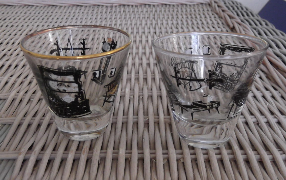 Pair of Vintage Libbey Shot Glasses with ACL Antique Furniture Scenes