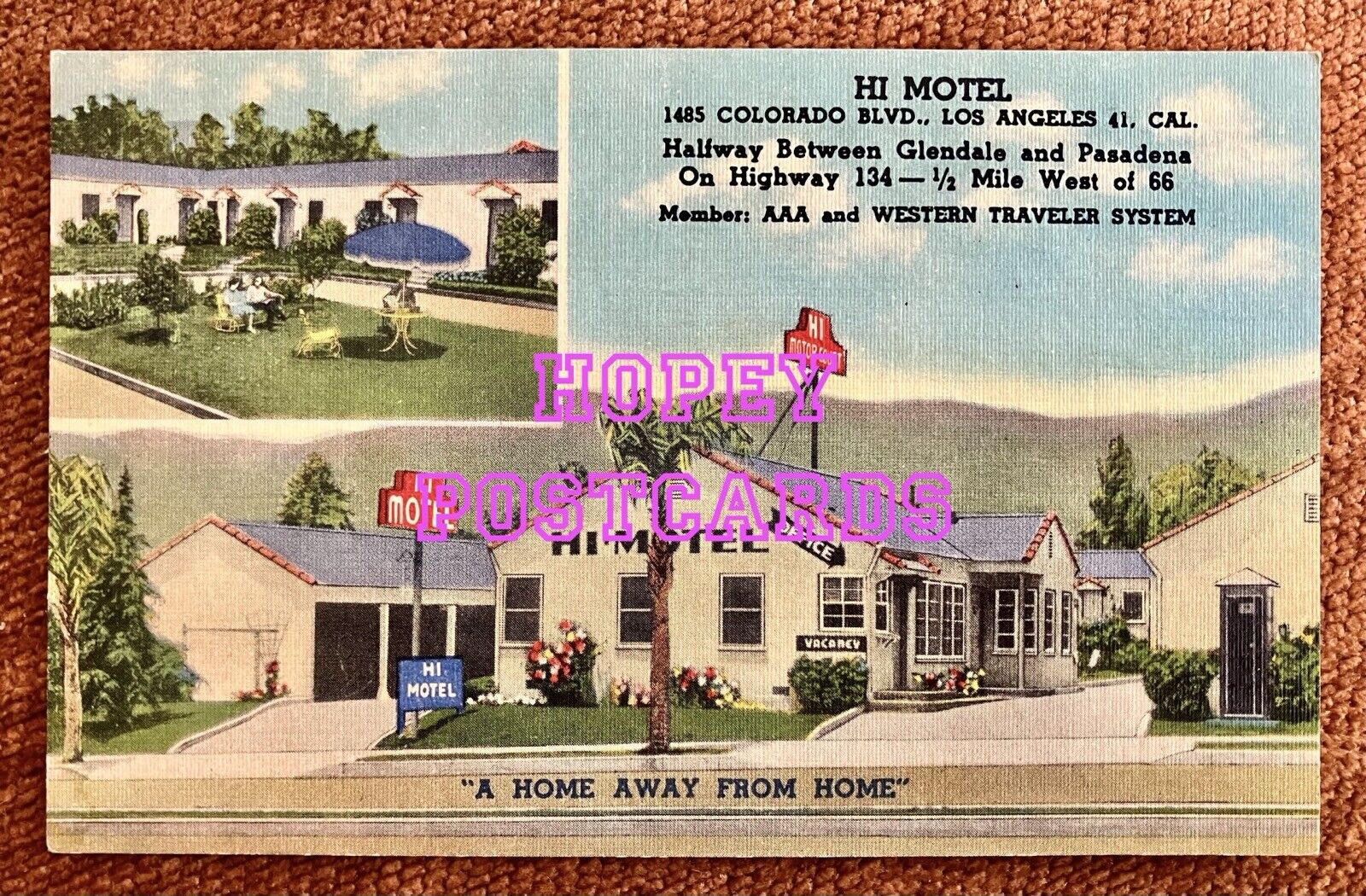 ROUTE 66~LOS ANGELES, CA~HI MOTEL, COLORADO ST~MULTI-VIEW~linen postcard~ 1940s 