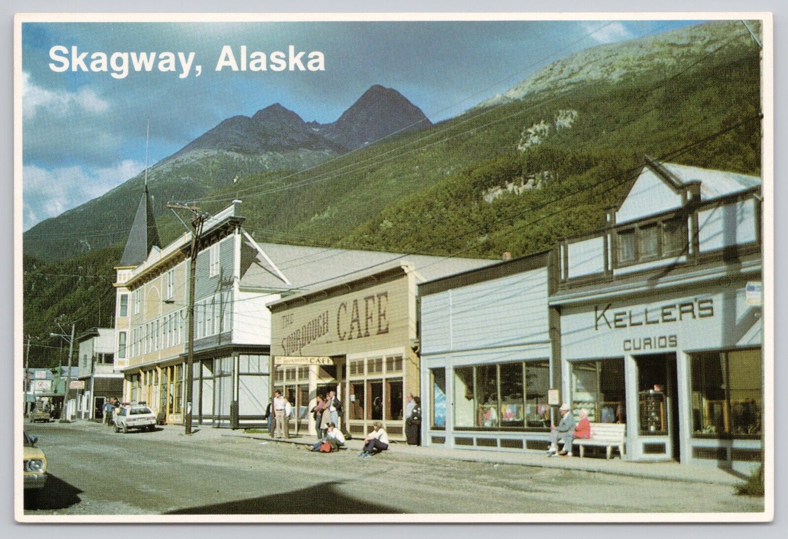 Skagway Alaska, Broadway Street View Shops Cafe Old Car, Vintage Postcard