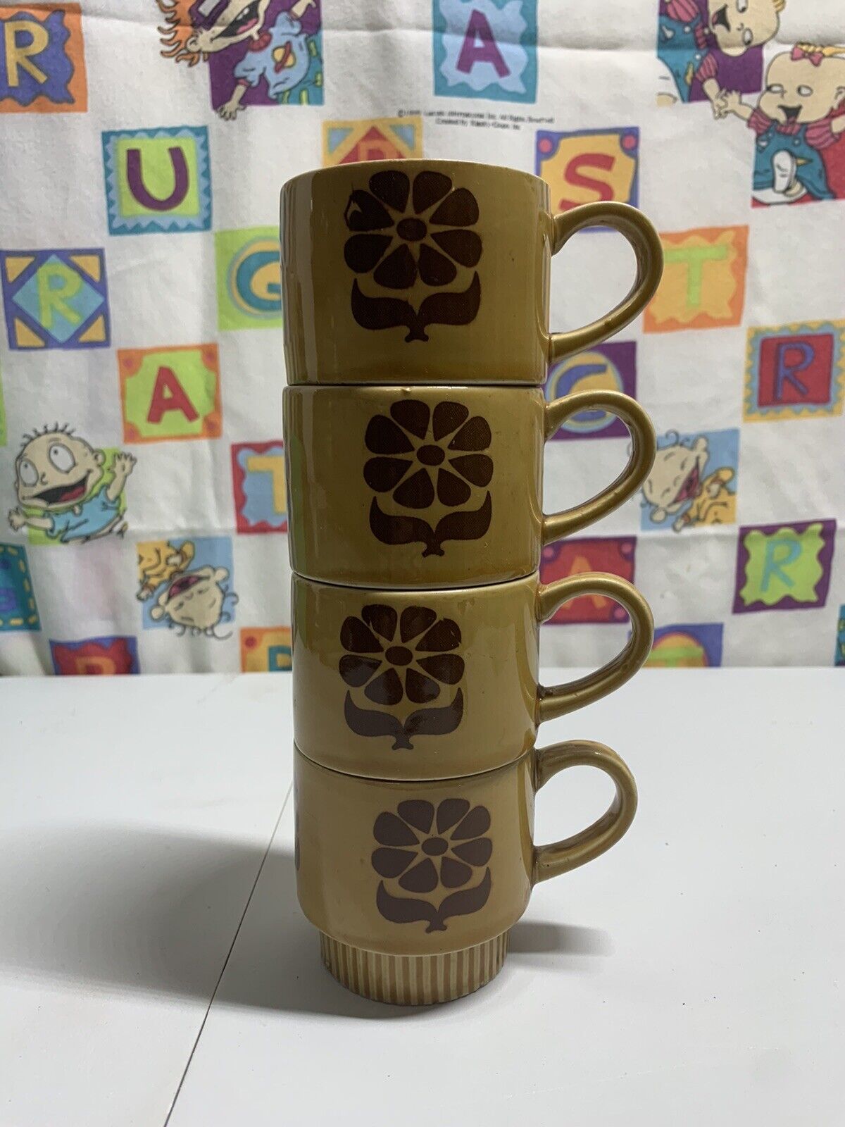 4 Vintage Tea/Coffee Cups Stackable Retro Tan Brown Mid Century Flower Ceramic