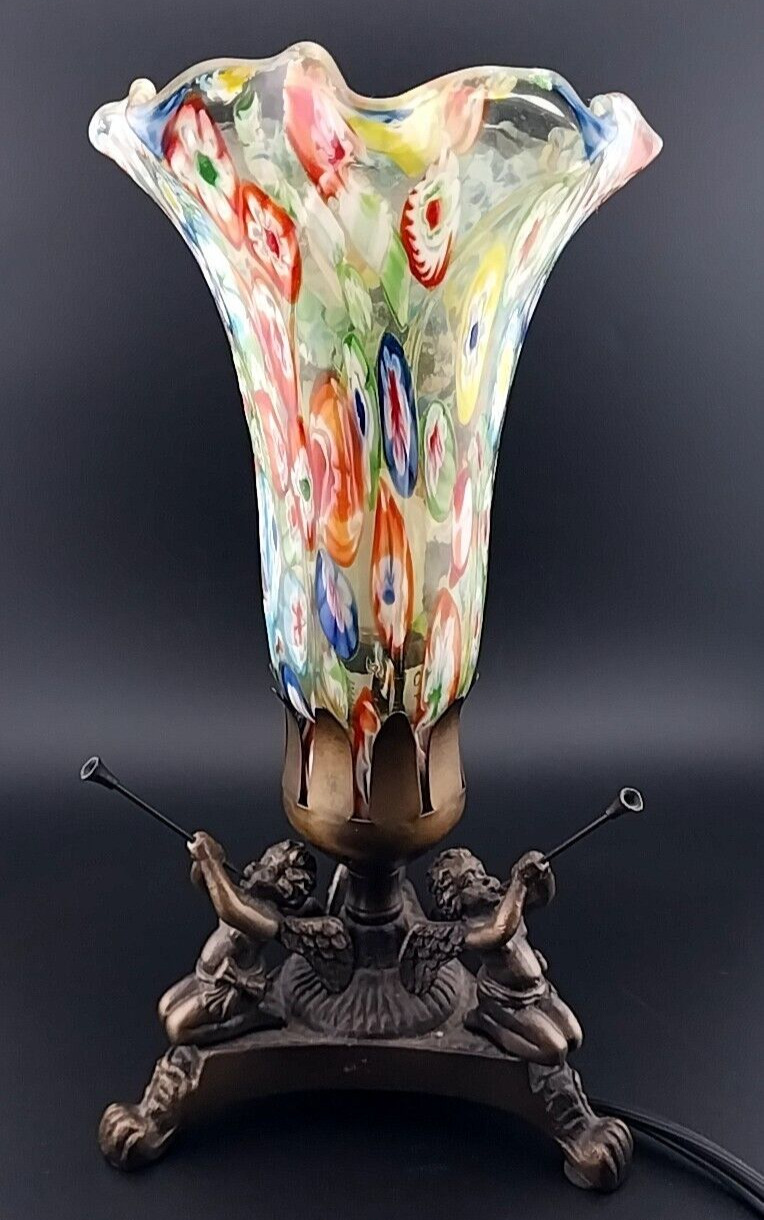 Vintage Murano Style Millefiori Tulip Art Glass Brass Cherub Lamp 9\