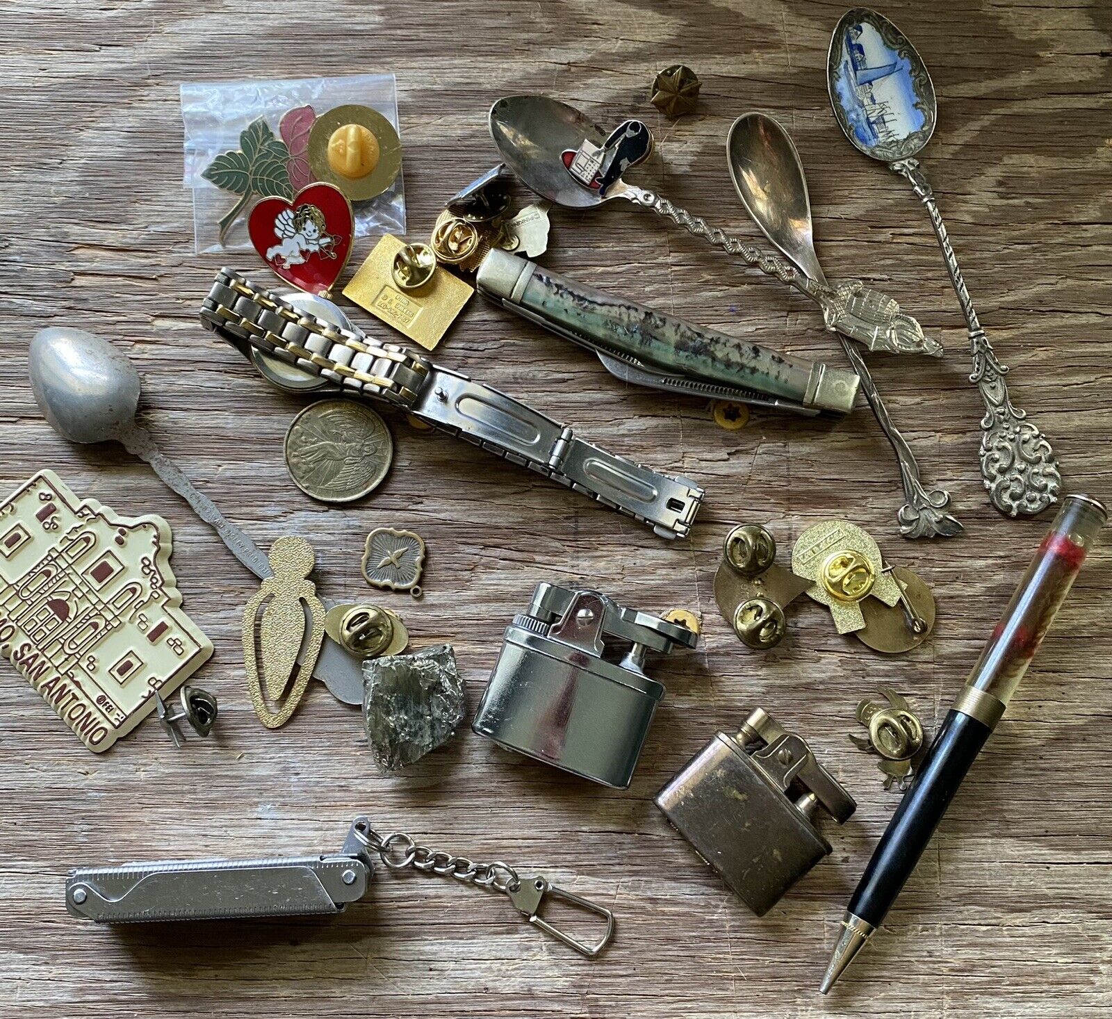 Vintage Antique JUNK DRAWER LOT Knife Lighter Spoons Collectables Trinkets Pin