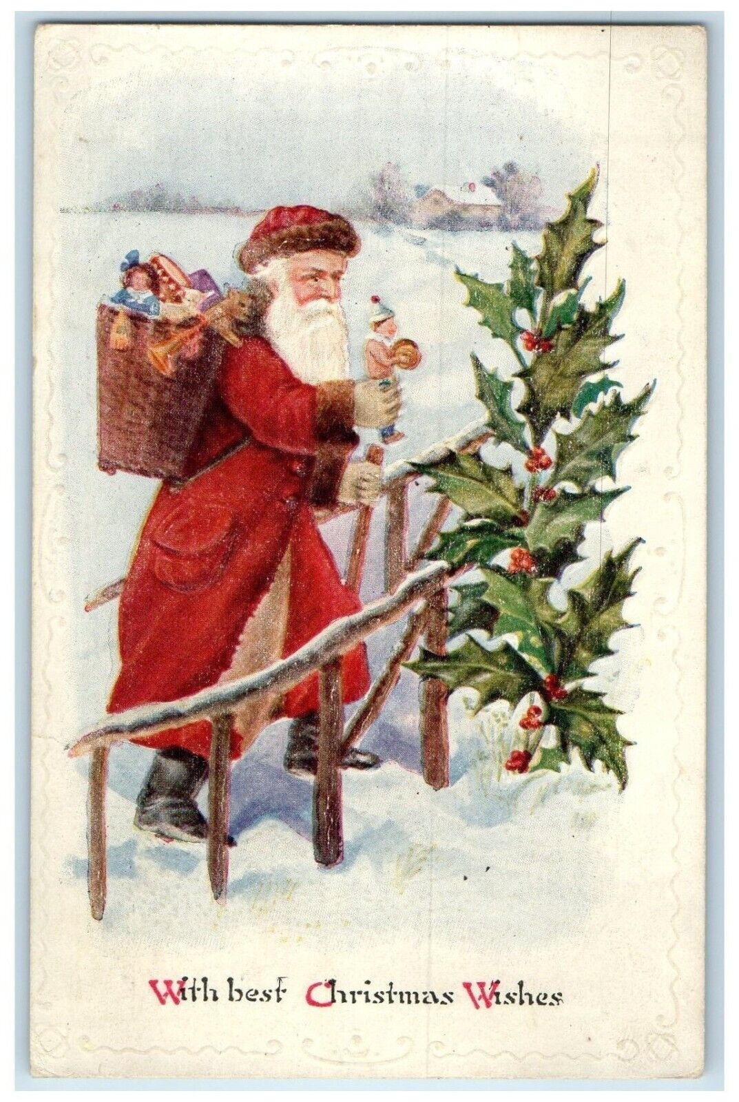 c1910\'s Christmas Santa Claus With Basket Of Toys Winter Scene Berries Postcard