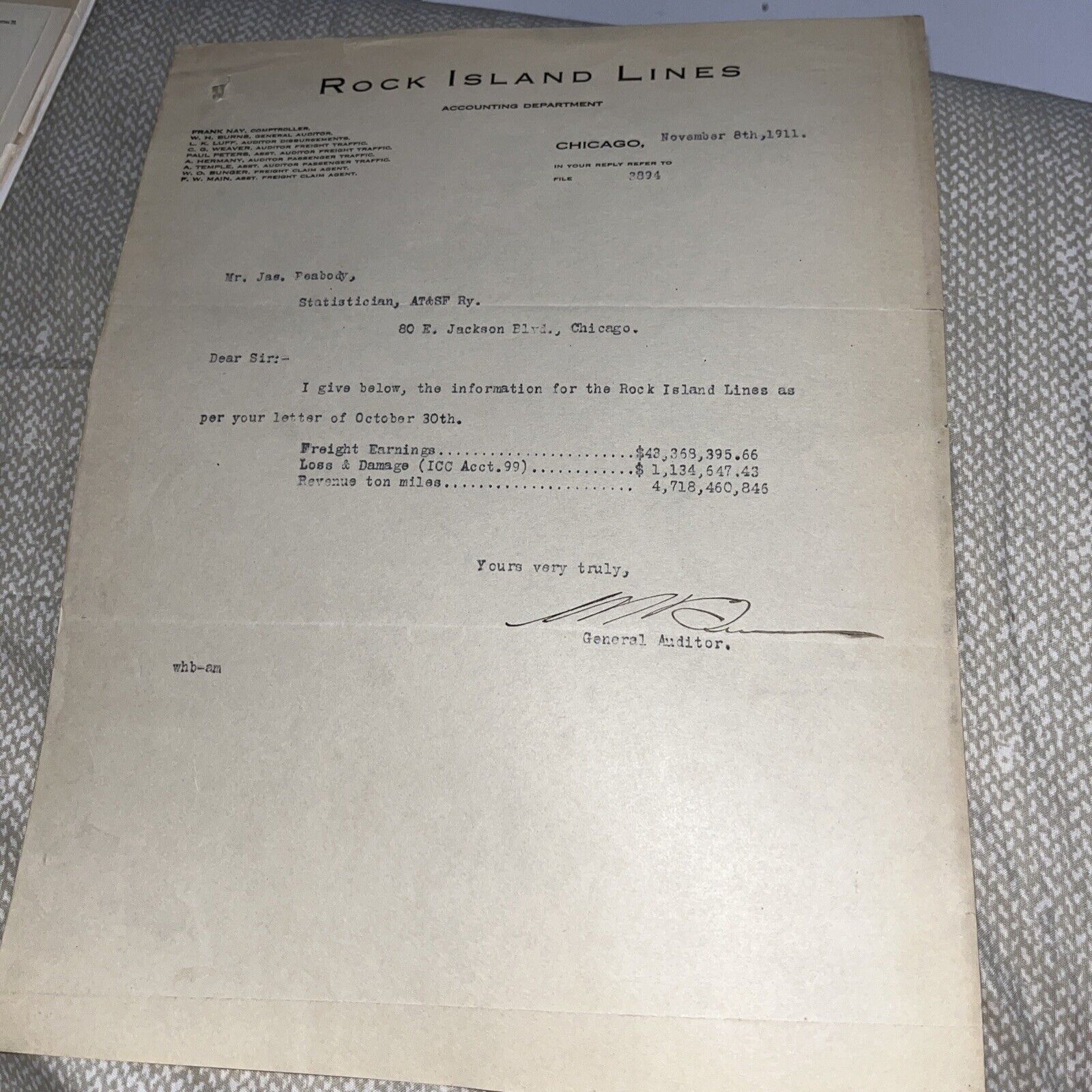 Signed Antique 1911 Letter Rock Island Lines Auditor to Santa Fe Statistician