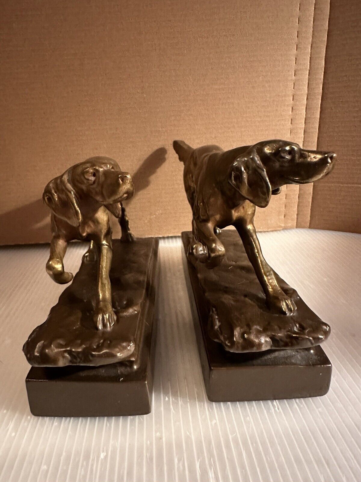 Brass Irish Setter Hunting Dog Book Ends On Copper Base