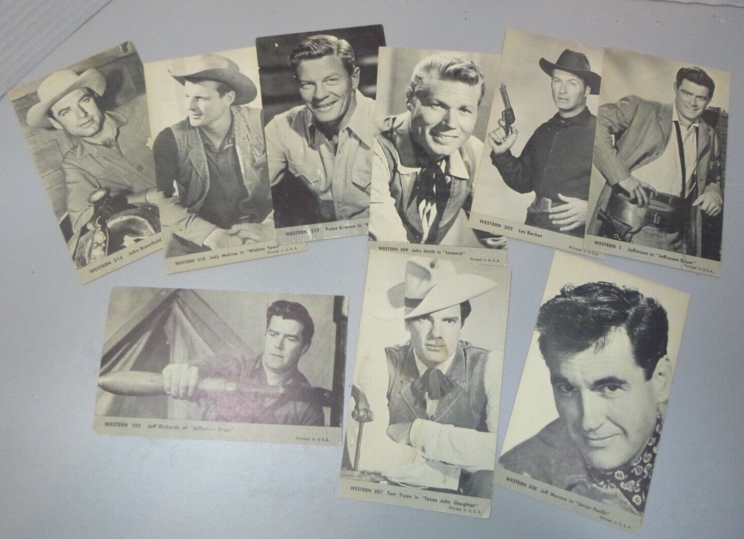 Lot of 9 1959 NU Card TV Western Exhibit Cards Including Peter Graves +