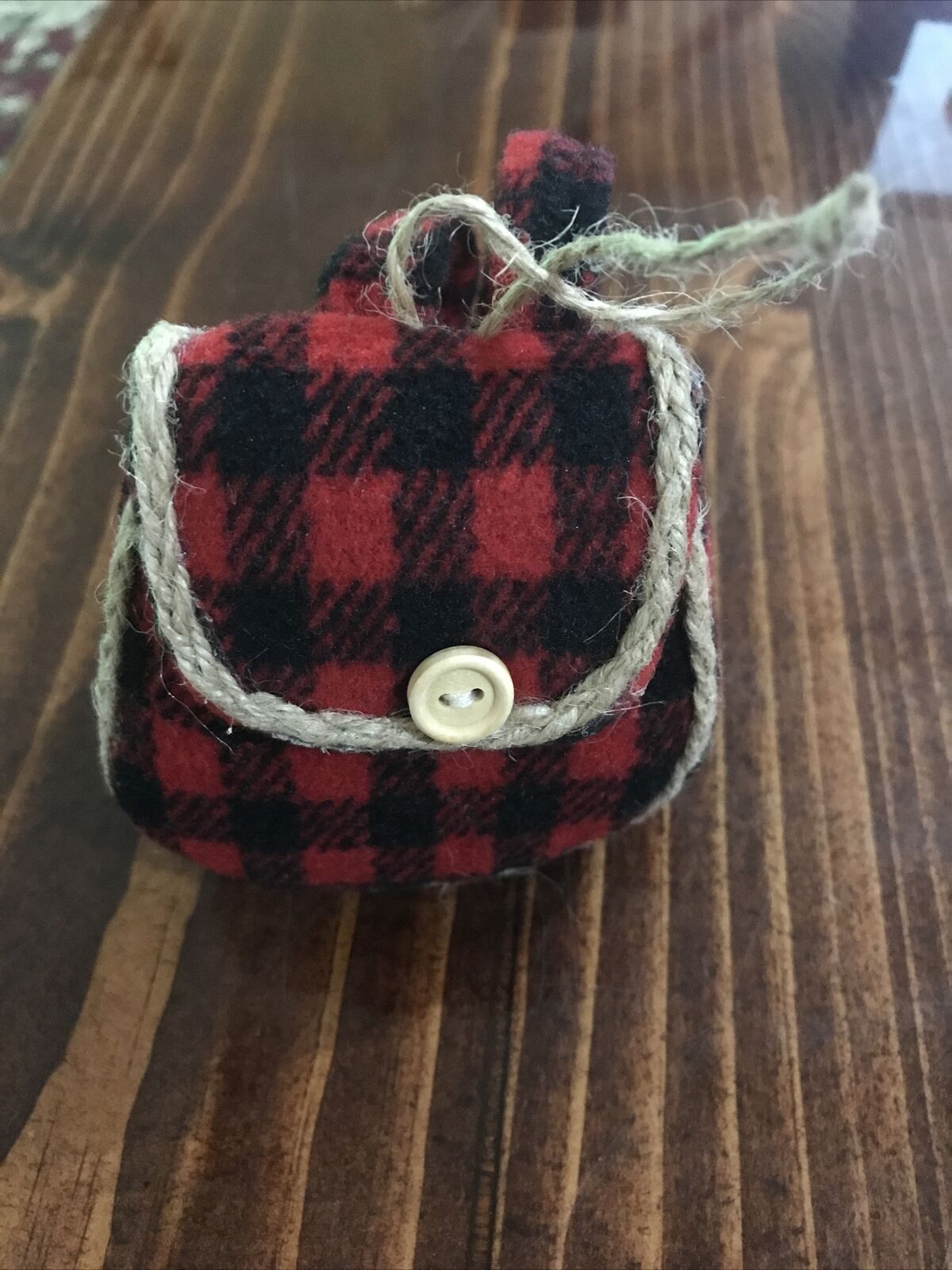Rustic Plush Black and Red Plush Backpack Christmas Ornament