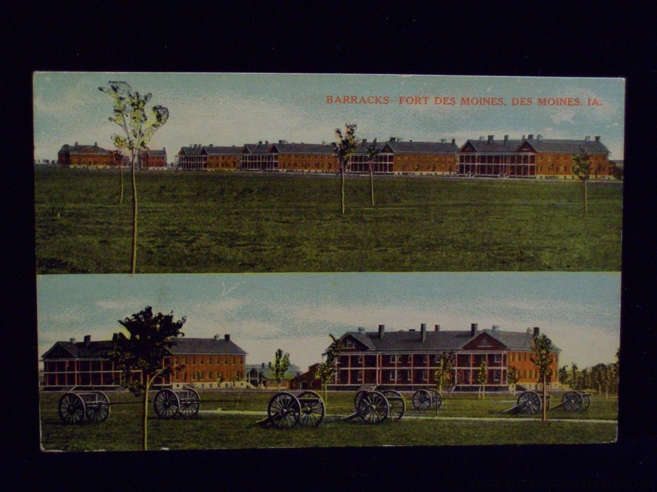Army Barracks Fort Des Moines Iowa Old Postcard Soldiers Cannon Vintage View
