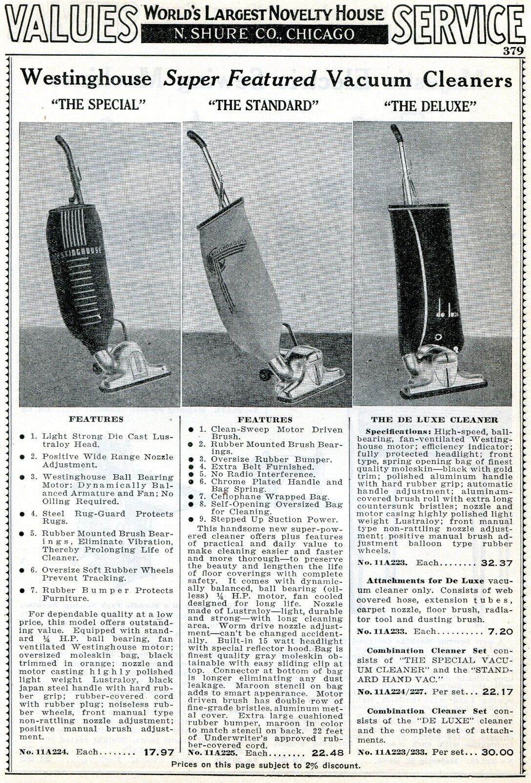 1938 Print Ad of Westinghouse Special, Standard & Deluxe Vacuum Cleaner