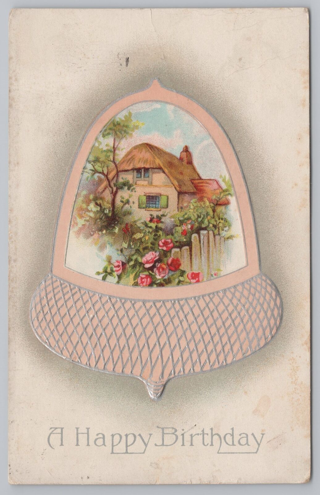 Greetings~Roses & Cottage In Silver/Tan Acorn~Birthday~Emboss~AMP~1913 Postcard