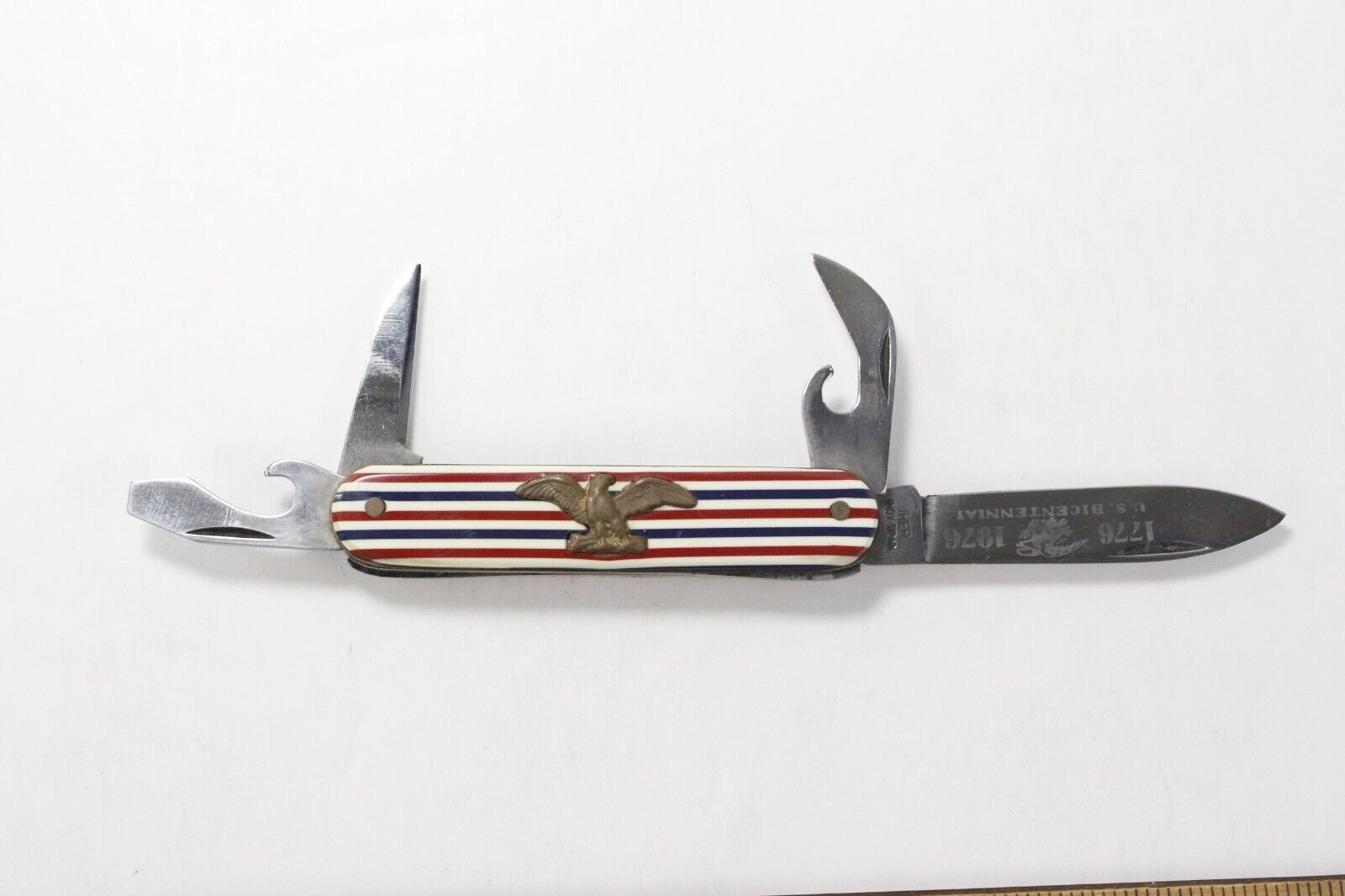 1976 IHER Inox Spain Red White and Blue Eagle Bicentennial 4 Blade Campers Knife