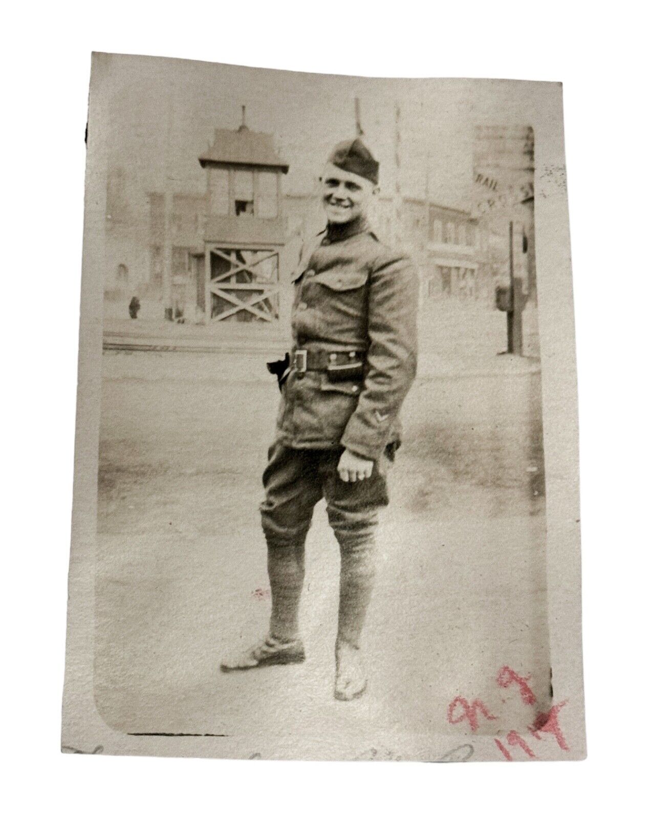 WW1 Era Photo U.S. Army Smiling Doughboy Garrison Cap City Street