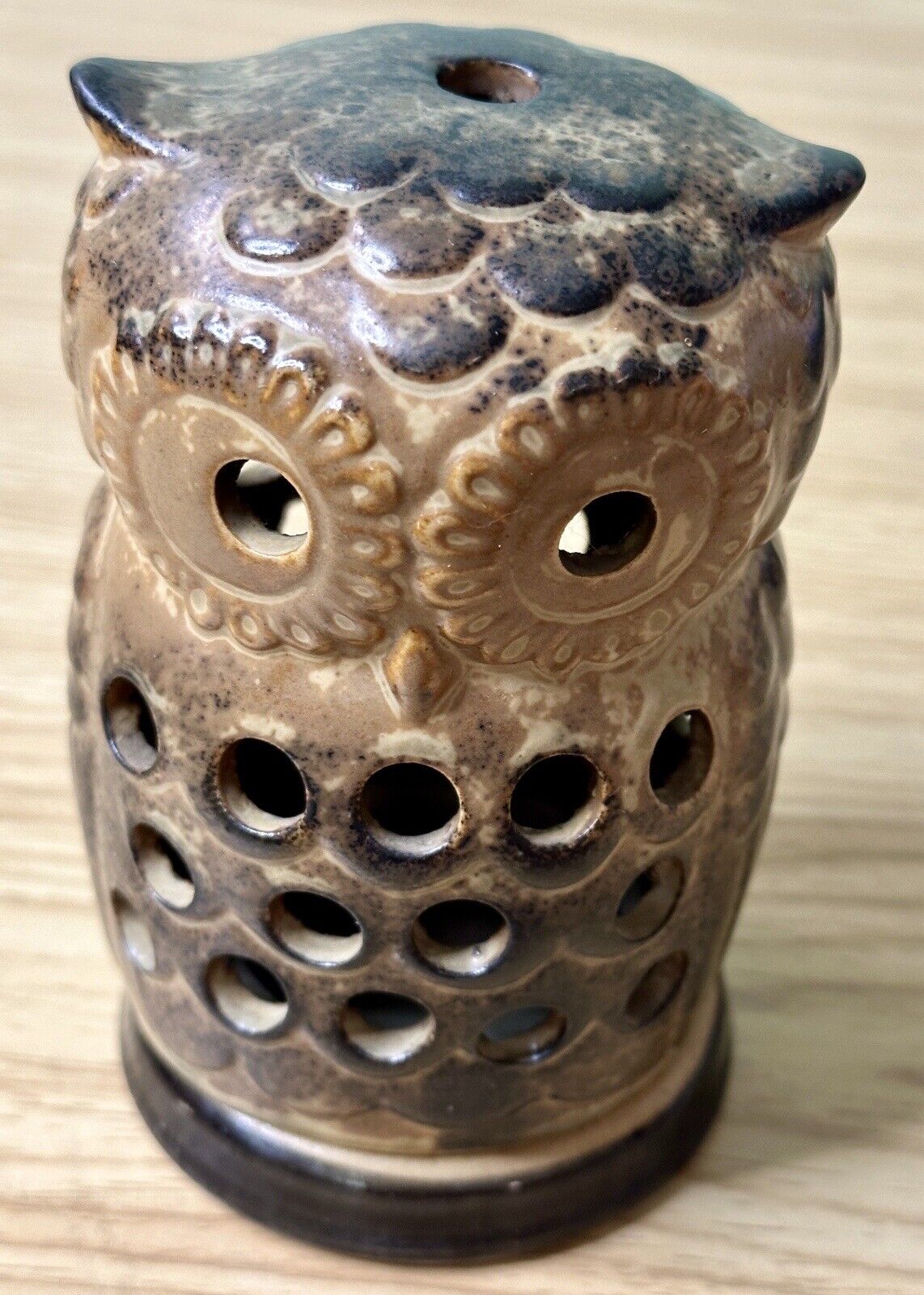 Vintage Ceramic Woodland Owl Tealight Candle Holder in Earth Tones - 5” Tall