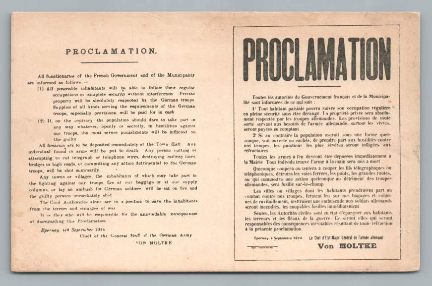 WWI Proclamation Postcard~Rules of Engagement~Antique Army Epernay France 1914