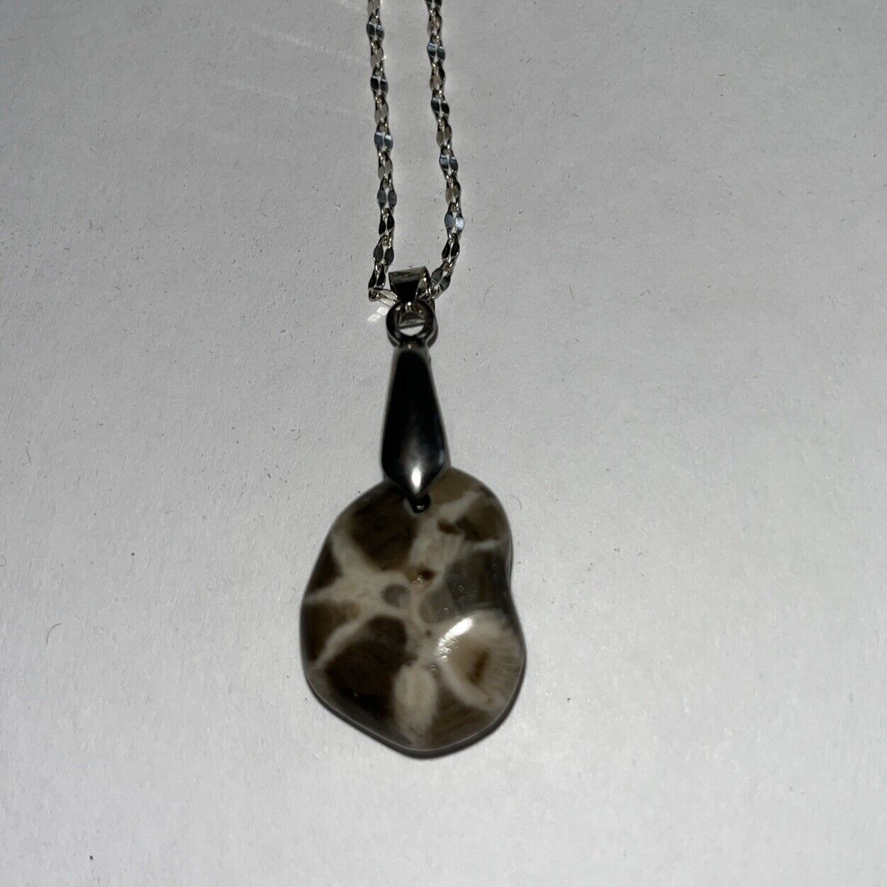 Petoskey Stone Pendant .925 Silver Necklace Michigan Polished Coral Fossil