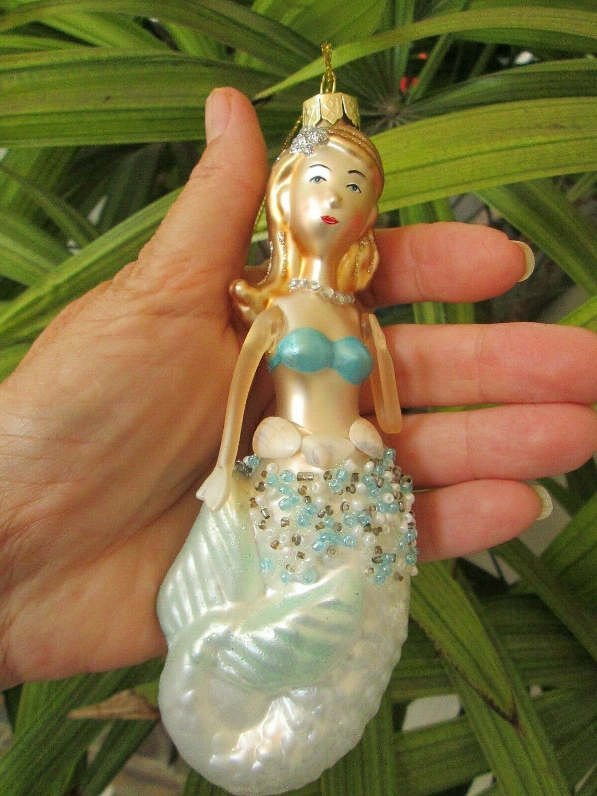 Unique Elegant Glass Mermaid Christmas Ornament Embellished With Shells & Beads