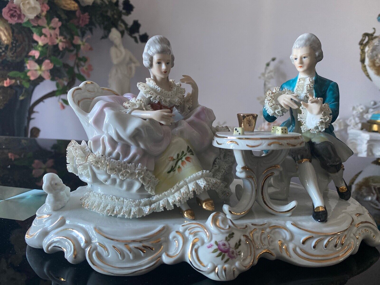 Vintage KPM Porcelain Figurine Couple Playing Cards & Dice