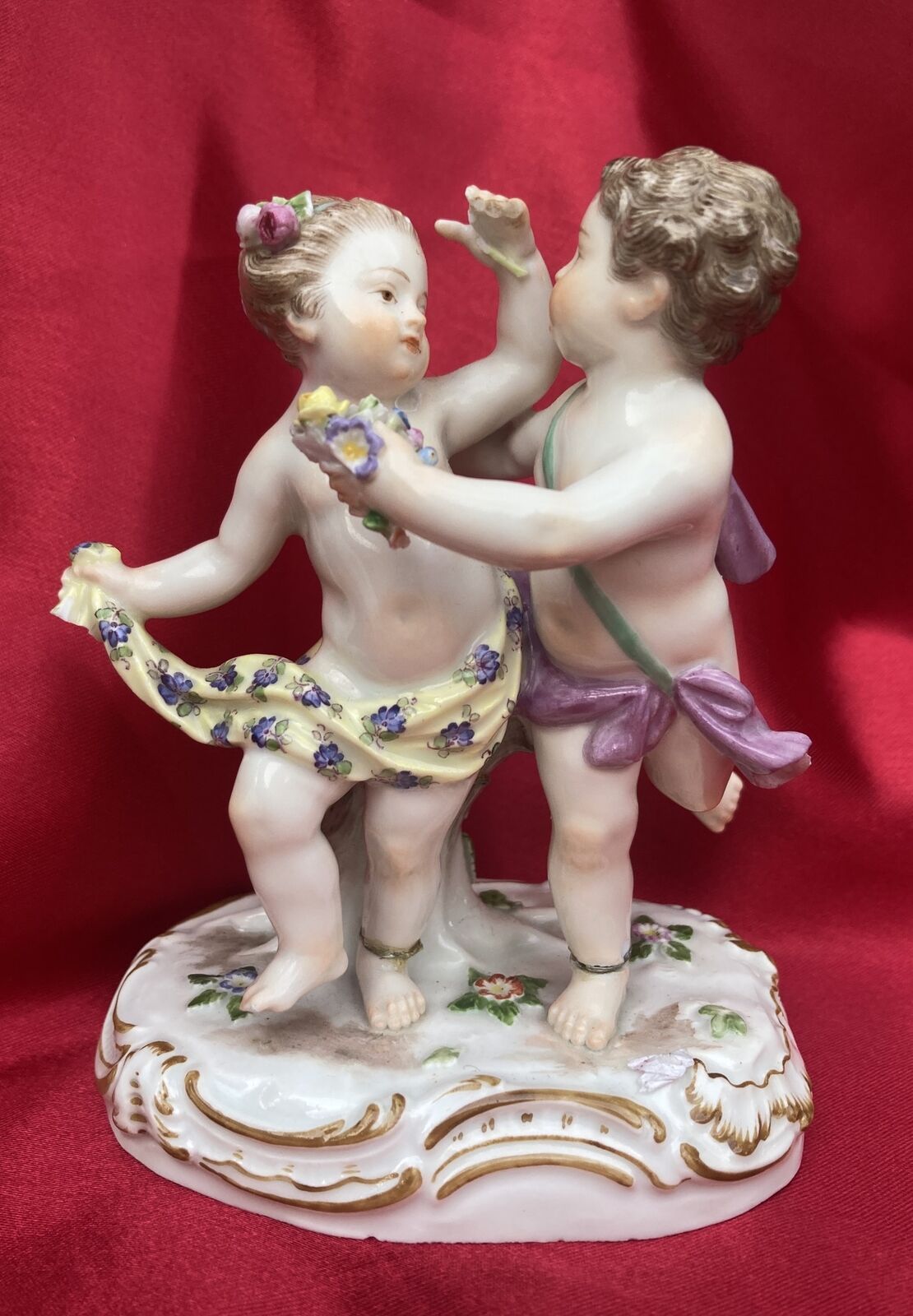 Meissen Antique Figurine Children Cherubs  With Flowers 5” Old Repairs Porcelain