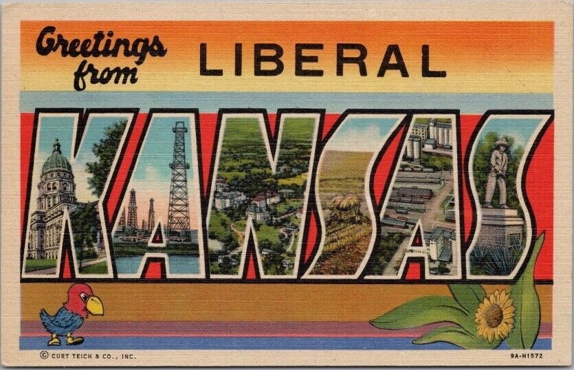 Vintage LIBERAL, KANSAS Large Letter Postcard Jayhawk / CURTEICH Linen c1939