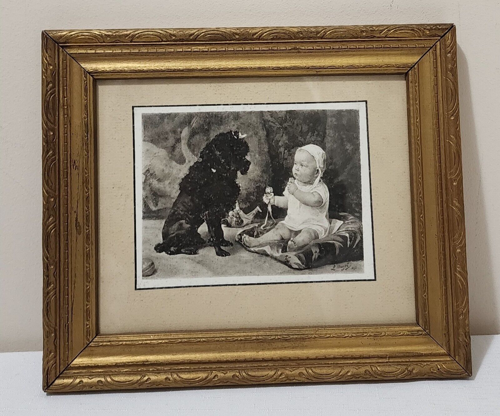 ANTIQUE 1896 GIRL BLACK POODLE PET DOG w/BABY INFANT RATTLE DOLL ART PRINT,FRAME
