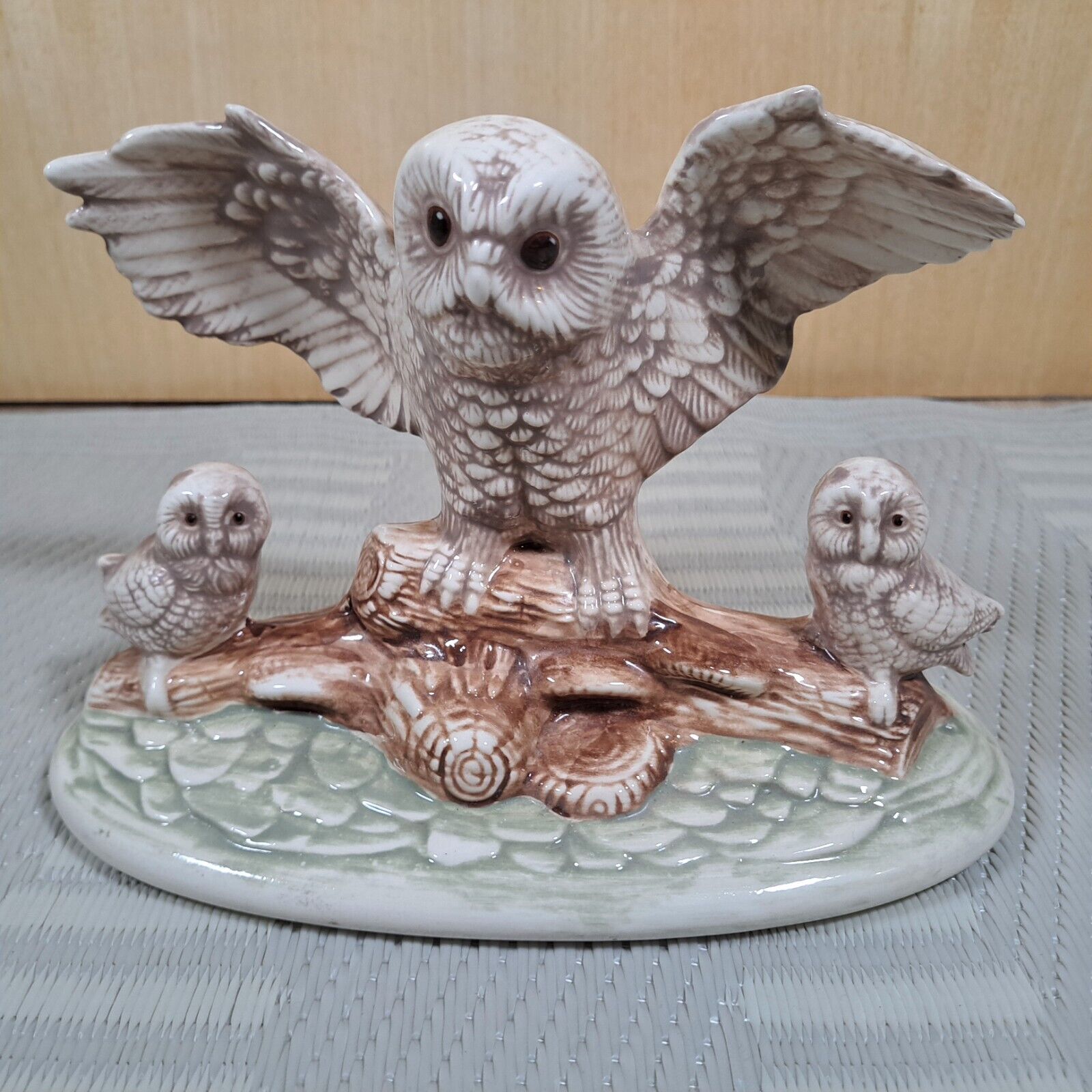 Vintage Ceramic Owl Family on Branch Figurine Statue Handmade