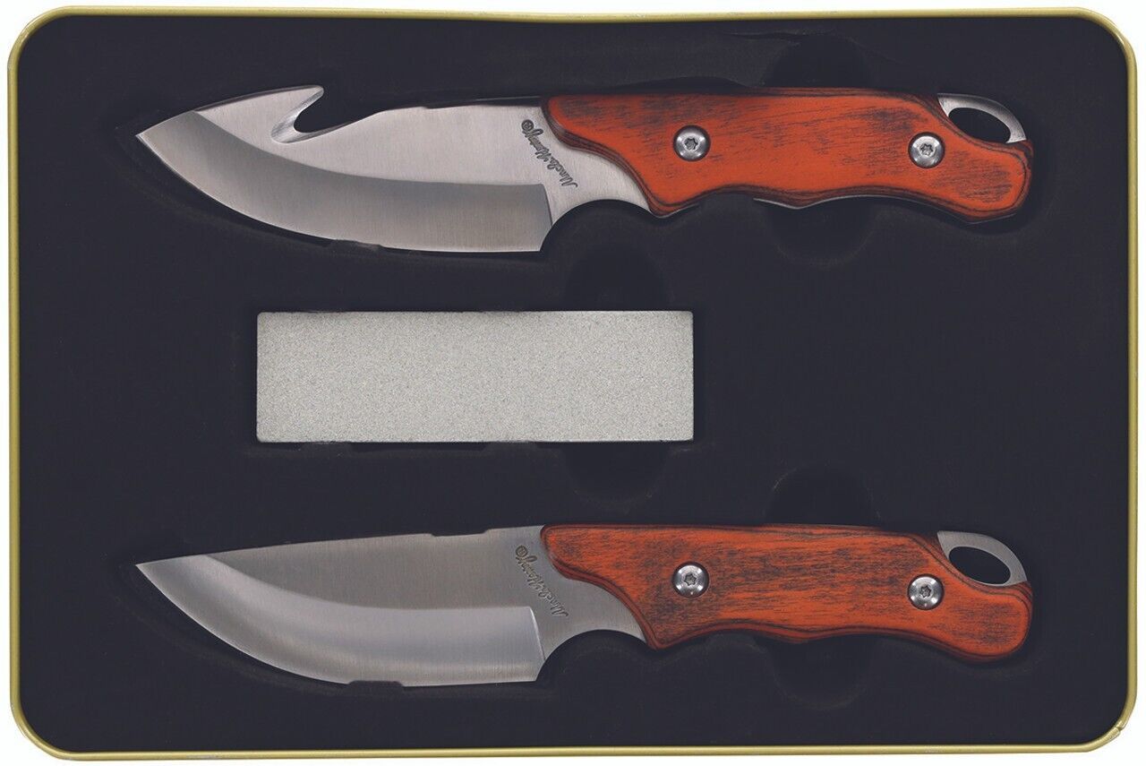 Schrade Uncle Henry 2 pc Fixed Wood Knives With Sharpening Stone Tin Fixed Blade