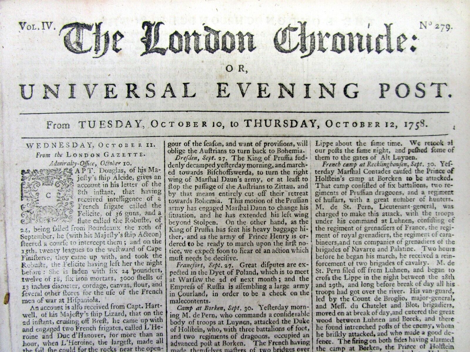 1758 French & Indian War newspaper LOUISBURG CAPTURED by BRITISH SIEGE in CANADA