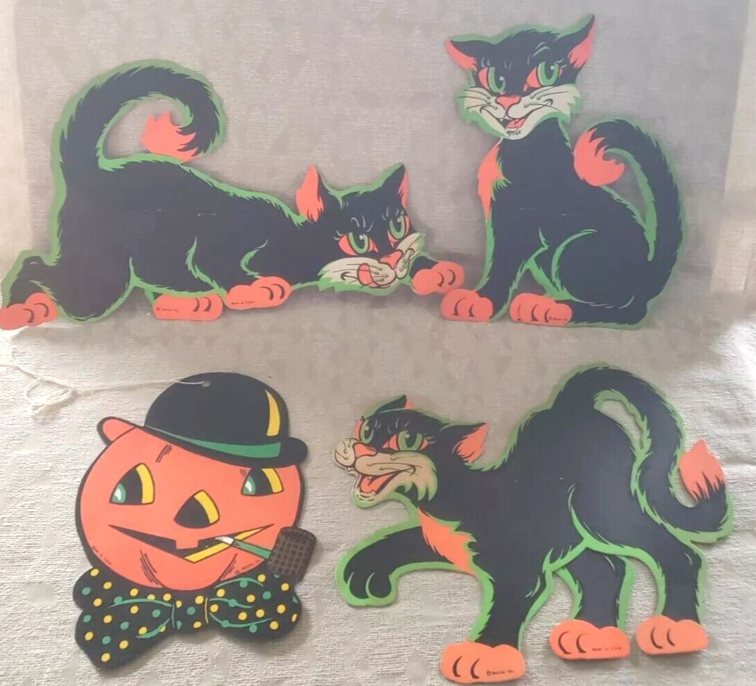 Vintage Lot 4- Beistle Die Cuts Halloween 3 Black Cats, 1 Pumpkin Made in USA