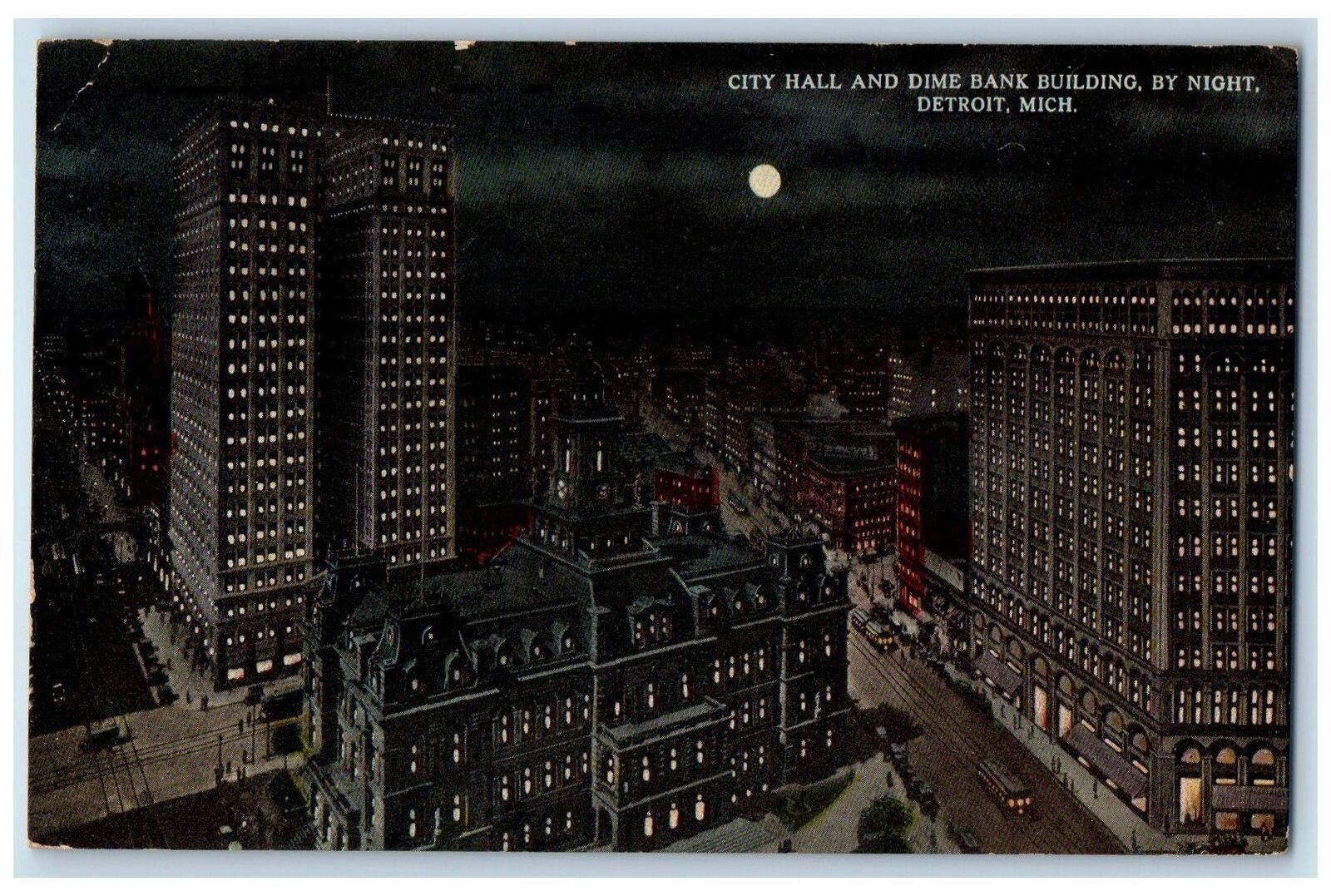 1914 City Hall And Dime Bank Buildings By Night Detroit Michigan MI Postcard