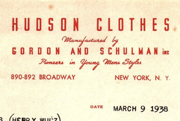 1938 HUDSON CLOTHES GORDON AND SCHULMAN N.Y. YOUNG MEN\'S  BILLHEAD INVOICE Z505