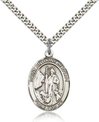 Saint Anthony Of Egypt Medal For Men - .925 Sterling Silver Necklace On 24 C...