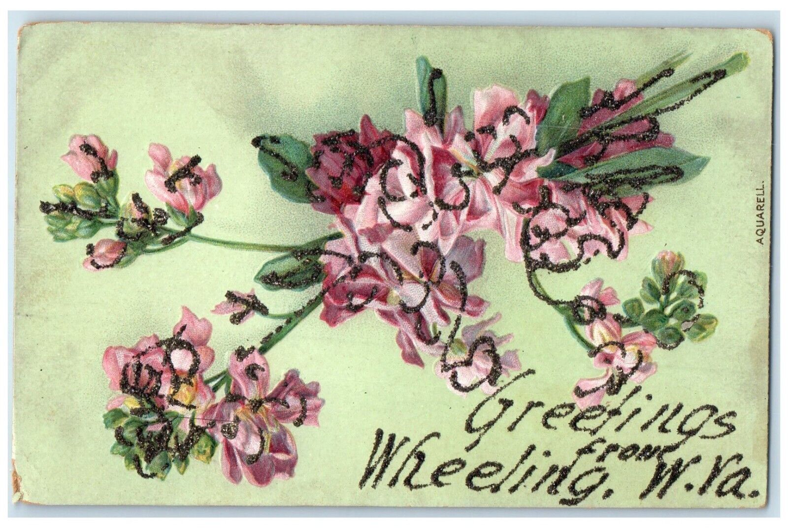 c1910\'s Greetings From Wheeling West Virginia WV, Flowers Glitter Postcard
