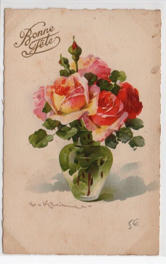 CPA illustrator KLEIN Catharina Bonne Fête Les Fleurs Rose