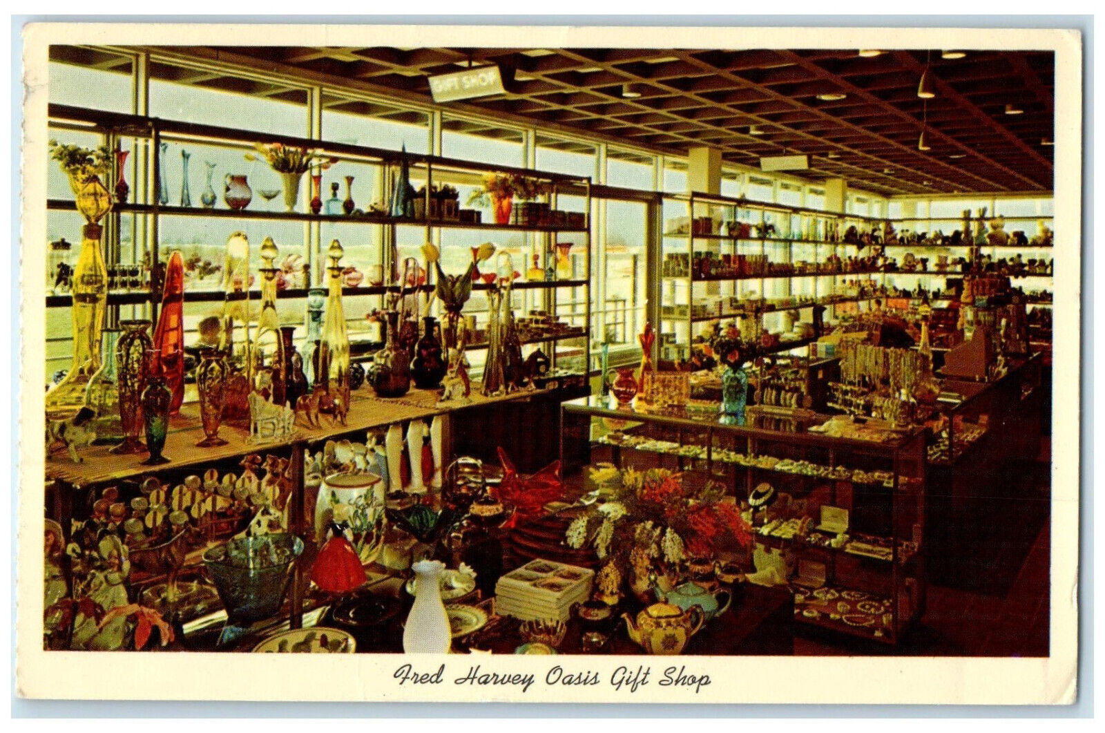 1965 Fred Harvey Oasis Gift Shop Interior Illinois IL Tollway Oasis Postcard