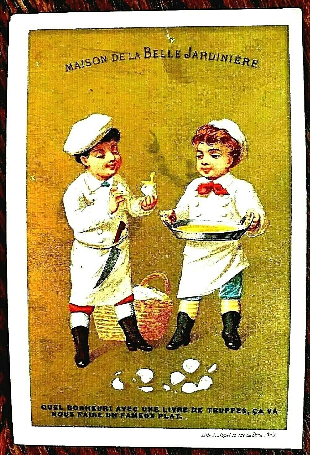 1867 French Two Young Chefs Breaking Eggs with Baby Chick 