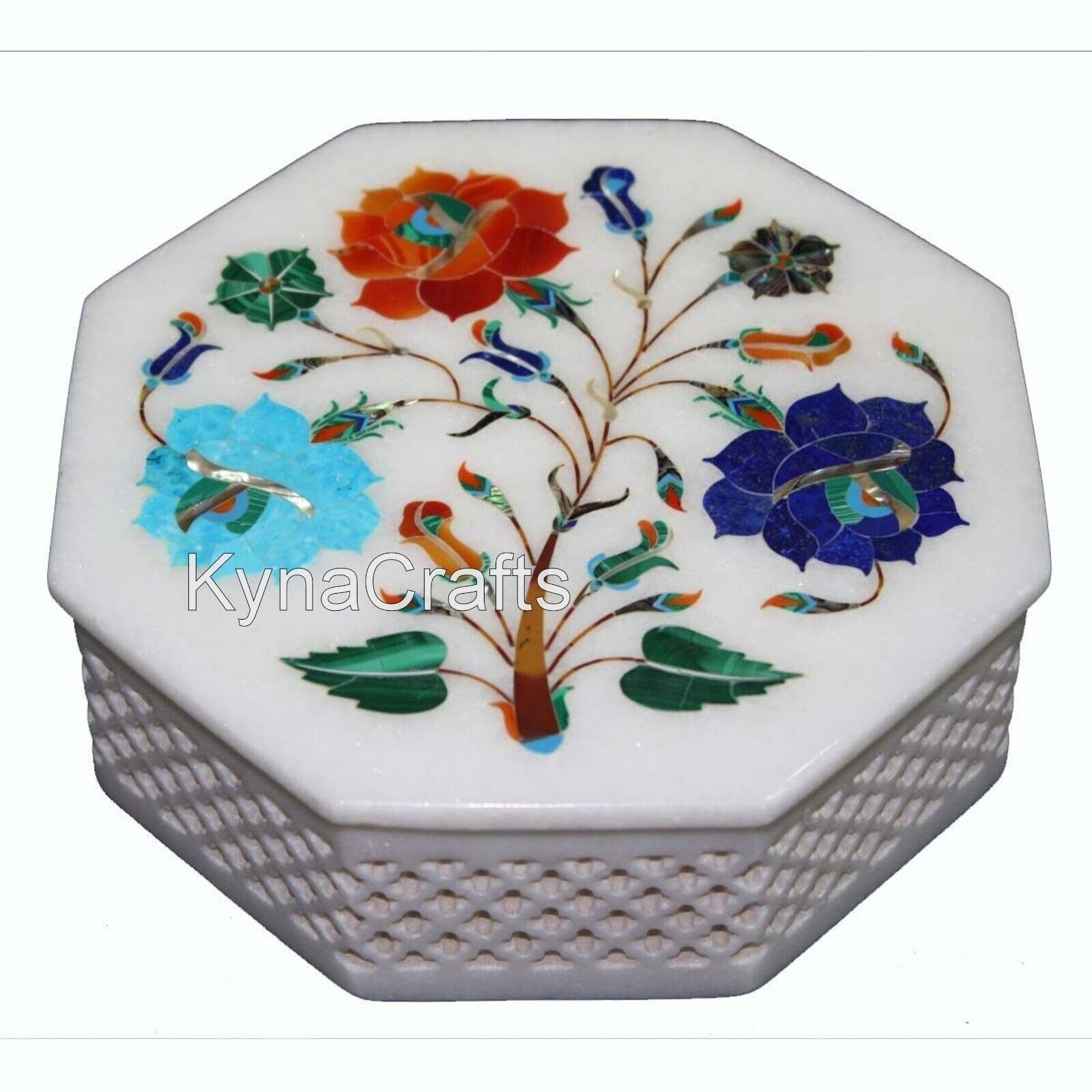 Hand Carving Work Trinket Box Octaogn White Marble Multi Purpose Box for Her
