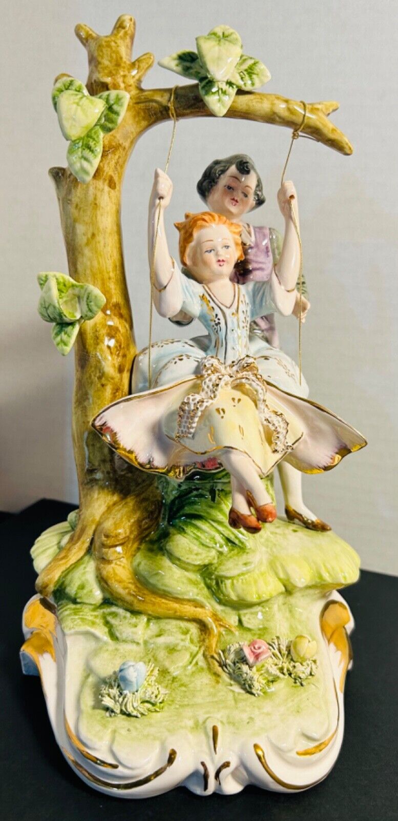 Vintage Capodimonte Italian Porcelain Figurine, Boy Pushing Girl on a Swing