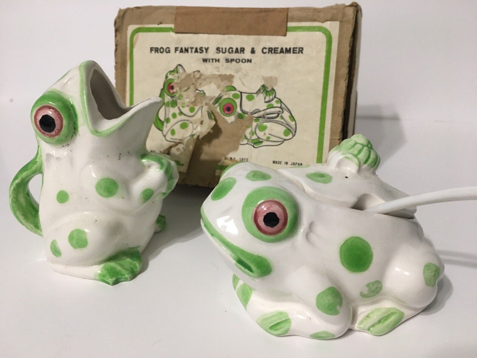Frog Fantasy Sugar & Creamer WITH Spoon Japan 1973 NOS Open Box Barn Fresh
