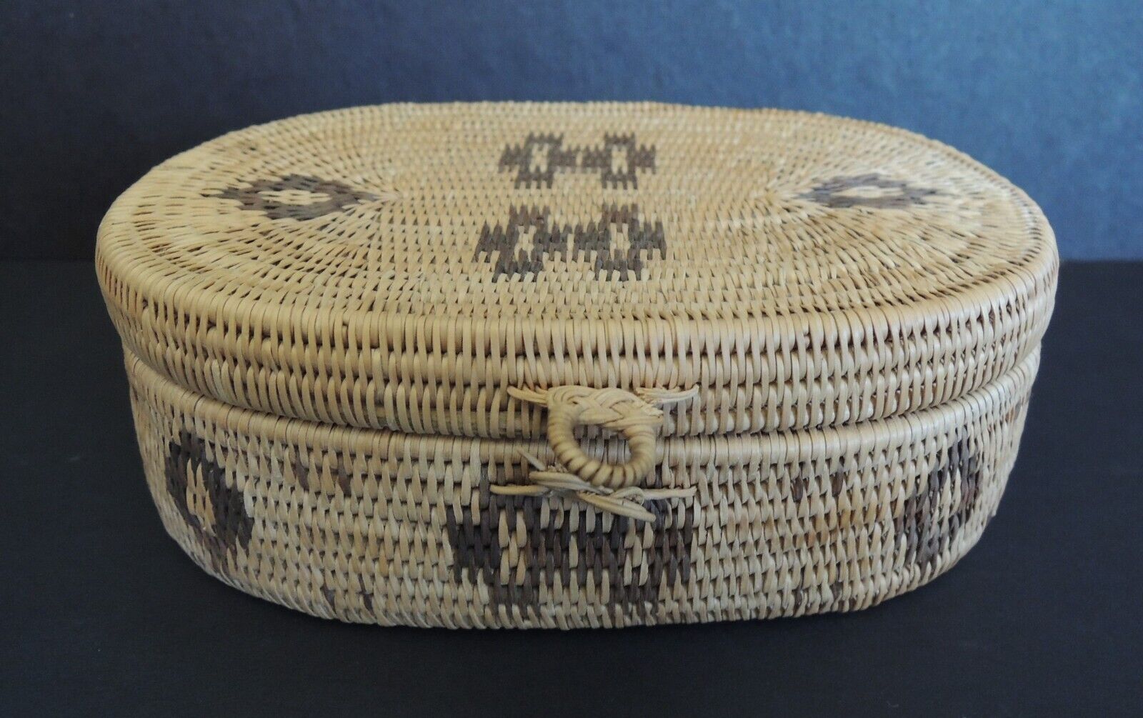 Vintage Indonesian Lombok Island Hand Woven Lidded Box Basket, Simple Designs